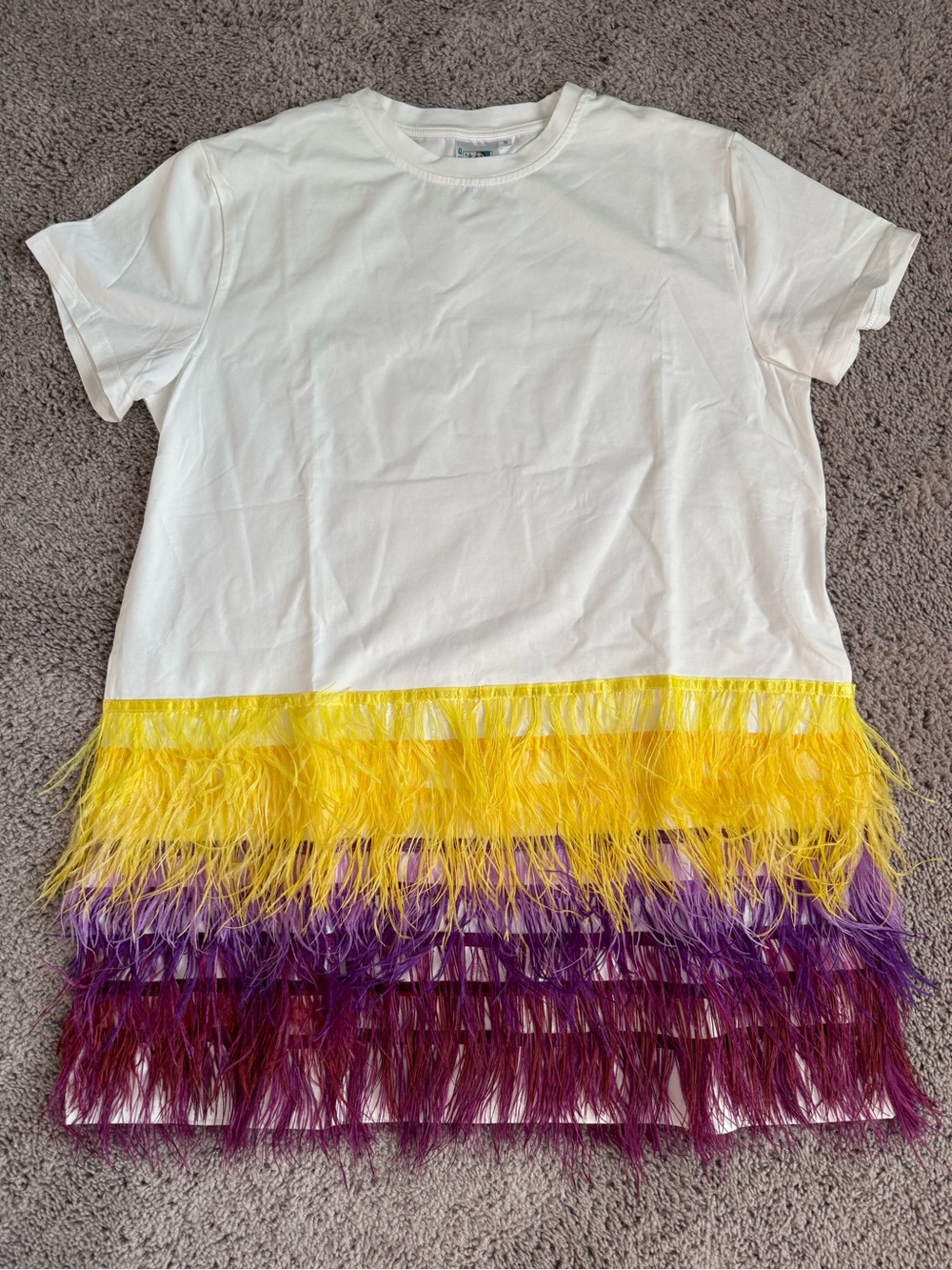 Queen of Sparkles Women’s Feather Trim Tee Dress with Yellow and Purple Fringe